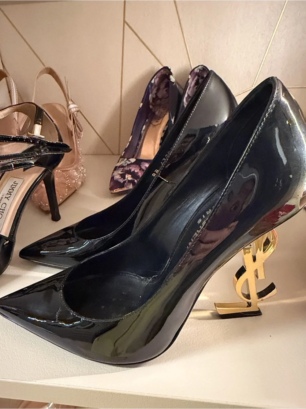 Saint Laurent Black Patent Pumps with Gold YSL Logo Heel - Picture 5 of 6
